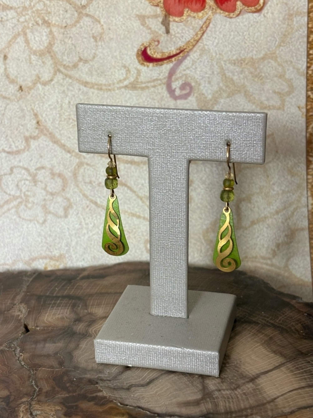 Handmade Green and Gold Swirl Dangle Earrings